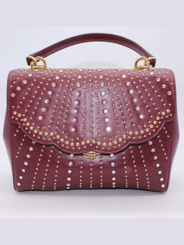 Michael Kors Satchel Shoulder Bag Purse Logo Oxblood Leather Silver Studded